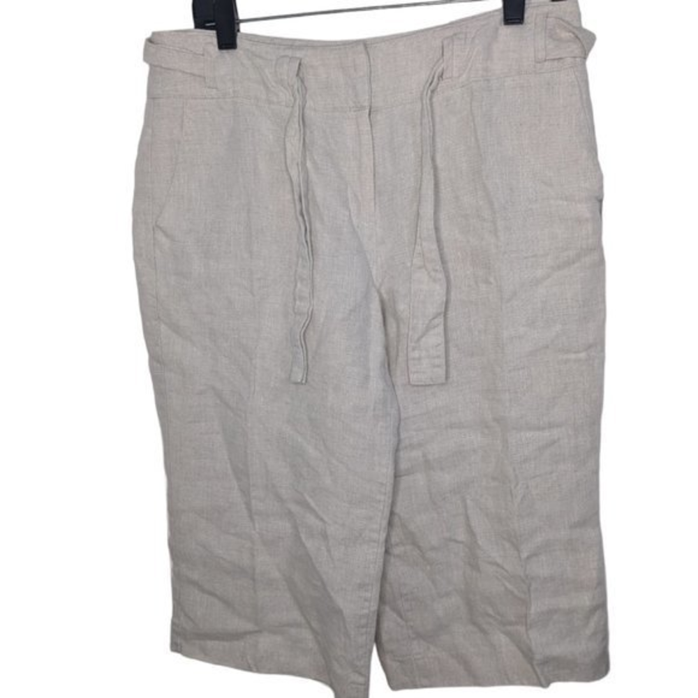 Talbots Womens 100% Irish Linen Tan Wide Leg‎ Crop Pants Tie Belt Size 10